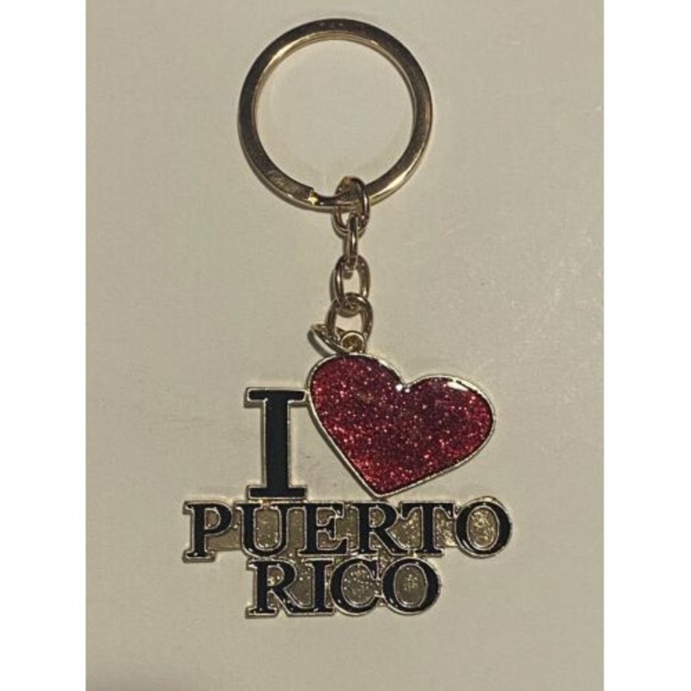 I Love Puerto Rico Heart Keychain Gold Tone Glitter Red Souvenir Travel Item